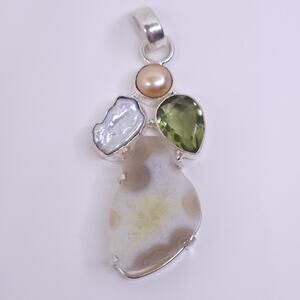 Unique Green Peridot, Agate, Pearl & Mother of Pearl Sterling Silver Pendant